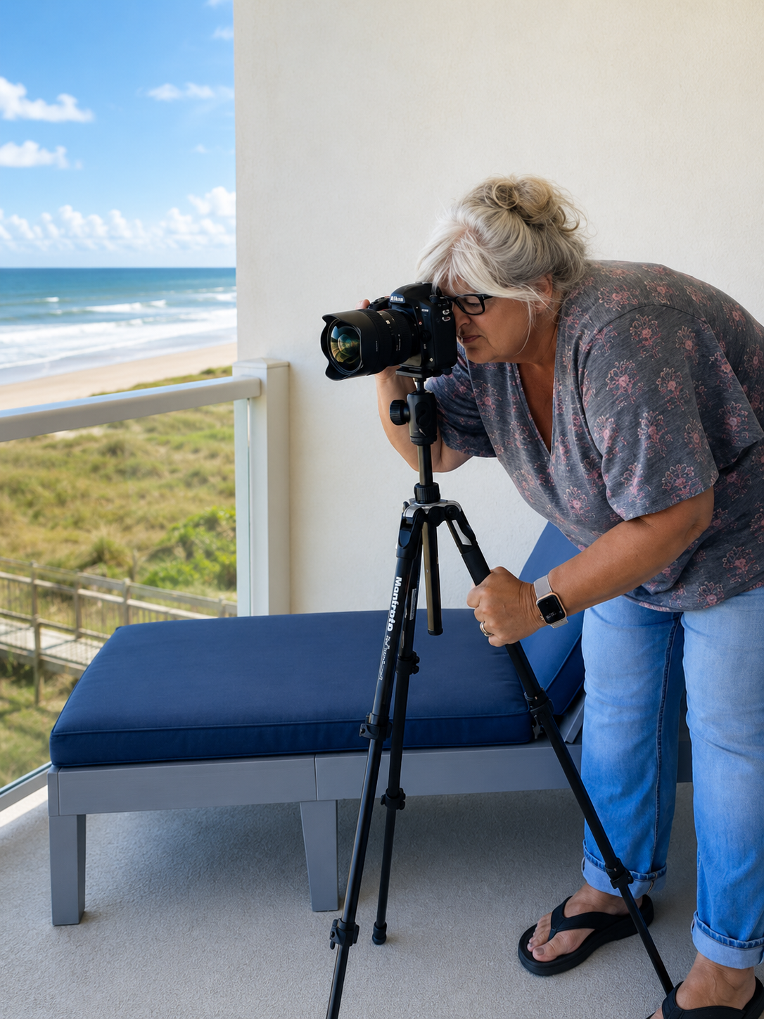 Dana photographing a vacation rental balcony with the beach in the background
