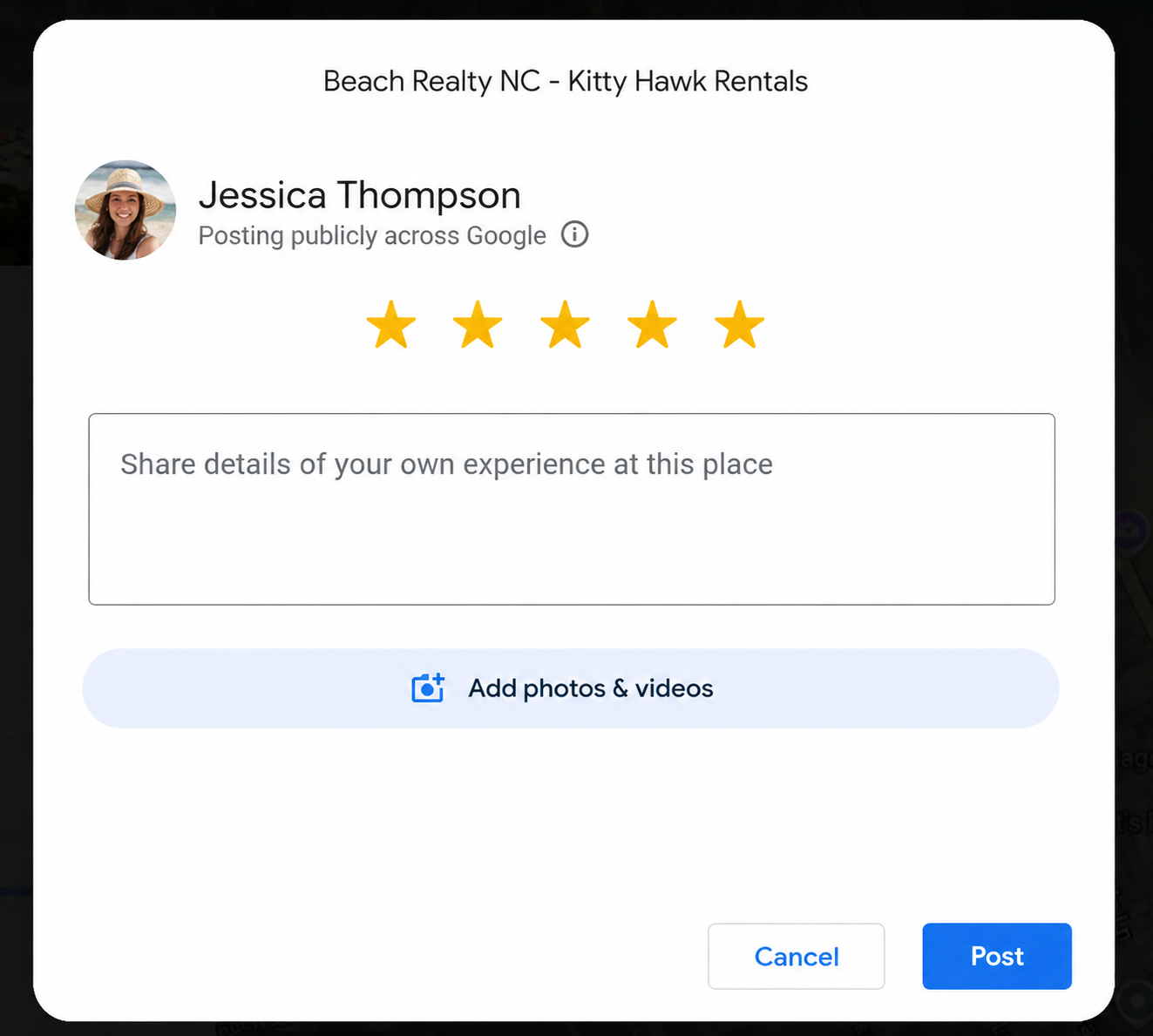 Example showing how to add photos to a Google review