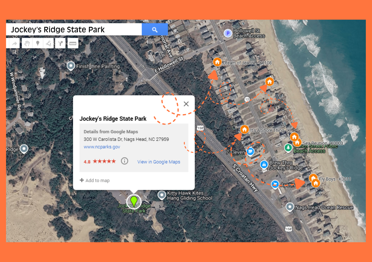 Beach Realty map search showing vacation homes near Jockey’s Ridge State Park