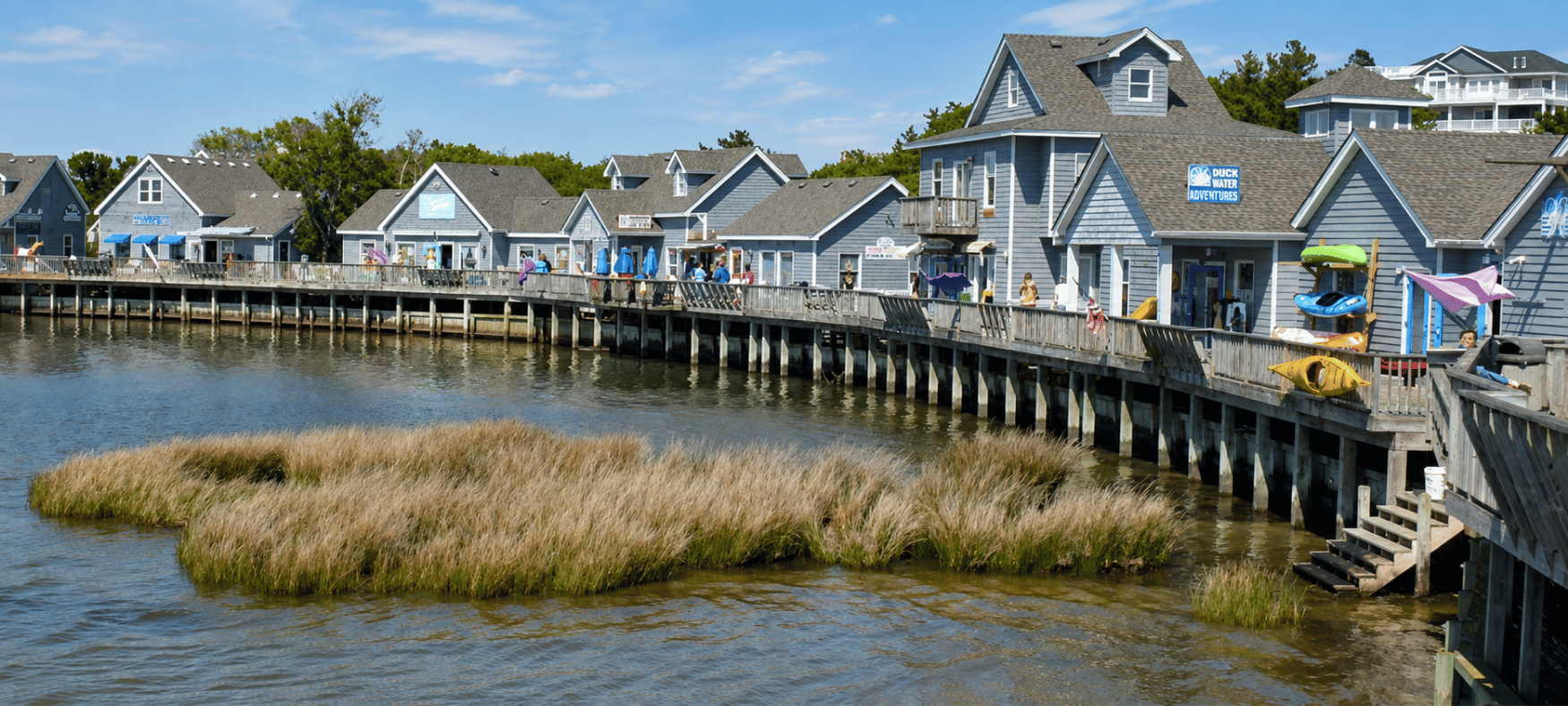 The Waterfront Shops and soundside boardwalk in Duck